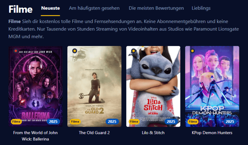 Screenshot der Filmpalast-Benutzeroberflache die verschiedene Filmtitel und Serienepisoden anzeigt